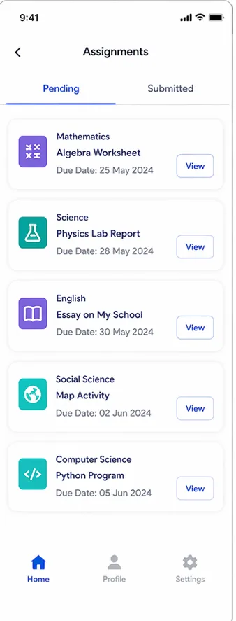CampusNXT app Assignments screen: homework with due dates