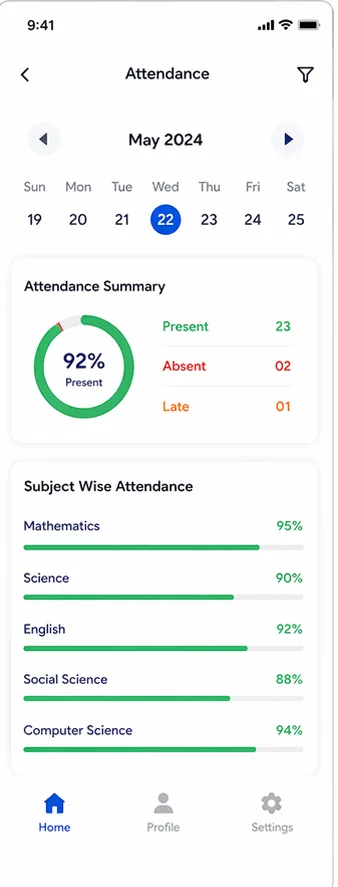 CampusNXT app Attendance screen: daily and subject-wise attendance