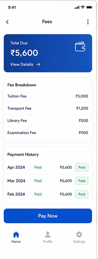 CampusNXT app Fees screen: dues, fee breakdown and payment history