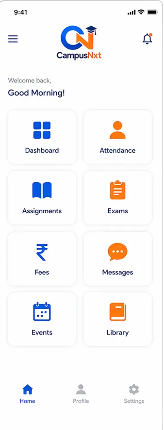 CampusNXT app Home screen: every feature one tap away